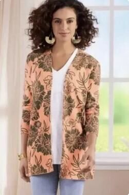 Soft Surroundings Floral Cardigan Sweater Small Peach Pink Open Front Boho